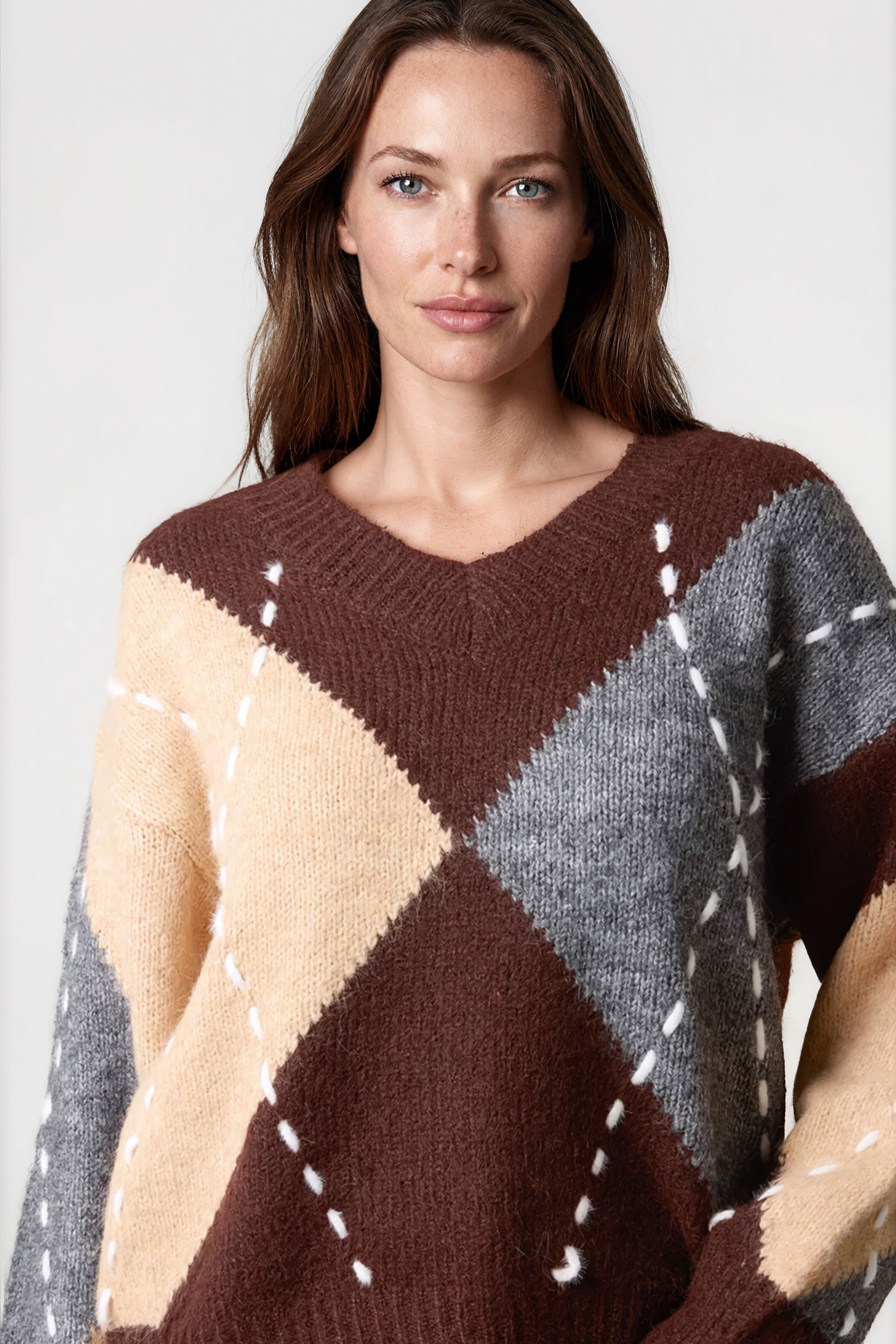 Chocolate Argyle Pattern V Neck Jumper ALWF5652NV449