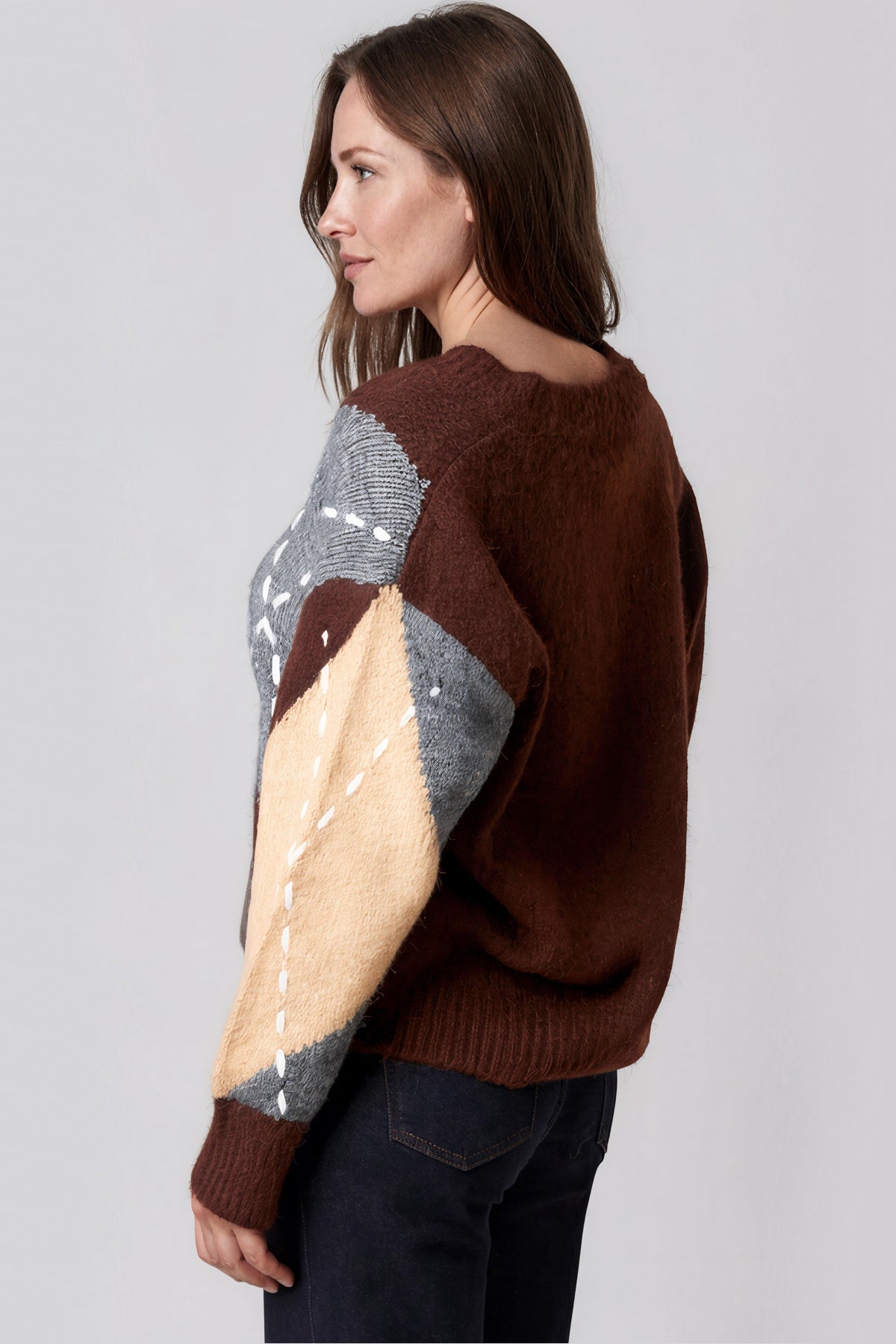 Chocolate Argyle Pattern V Neck Jumper ALWF5652NV449