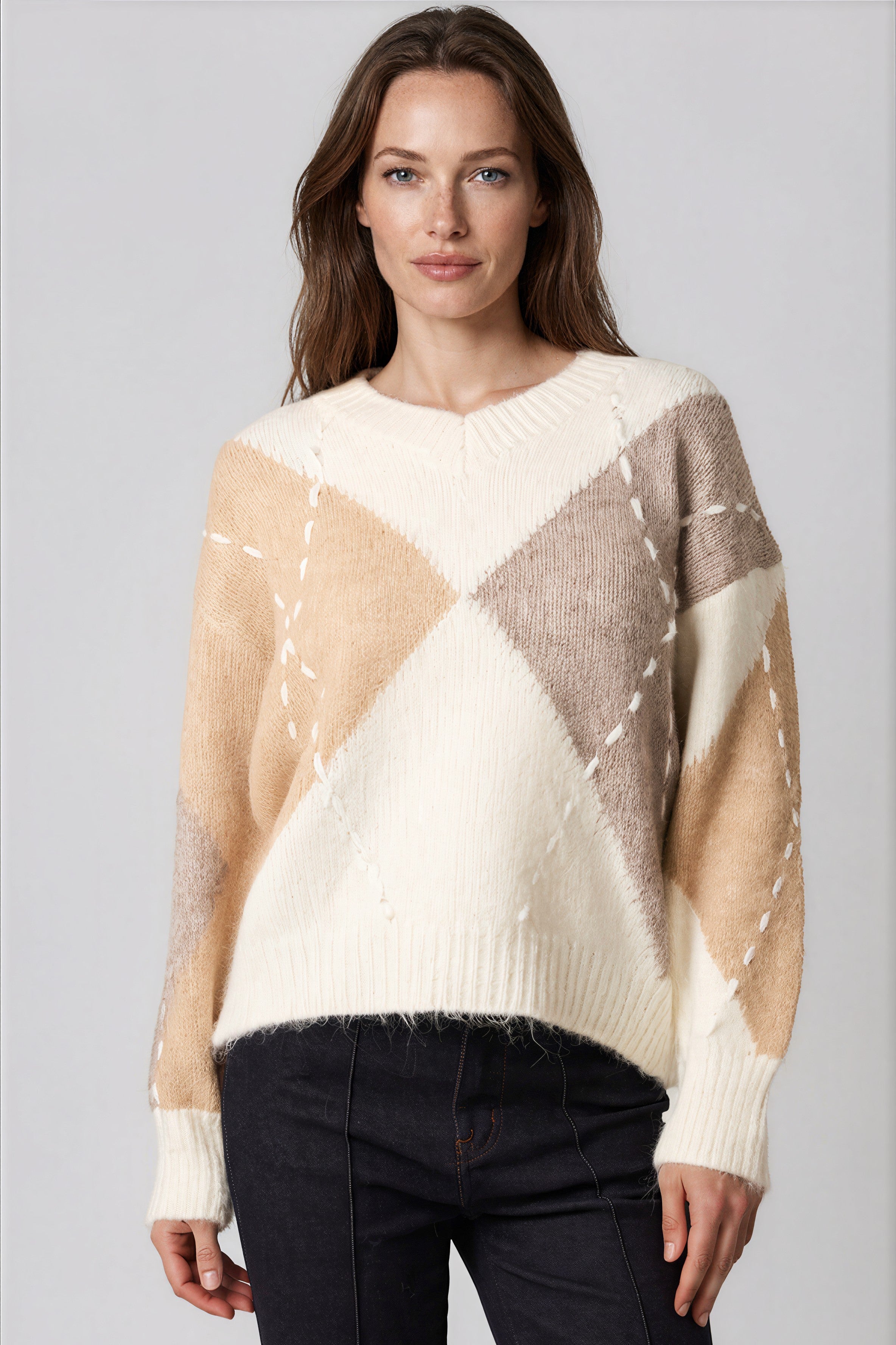 Ivory Argyle Pattern V Neck Jumper ALWF5652NV357