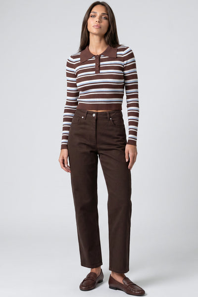 Brown - Brown Blue Striped Long Sleeve Collar Ribbed Jumper by Aftershock London