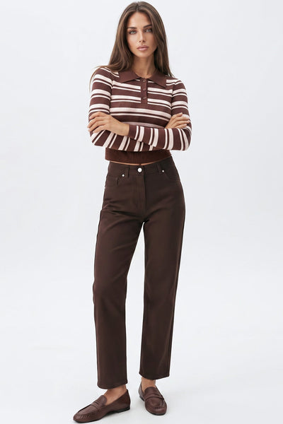 Brown Rose - Brown Pink Striped Long Sleeve Collar Ribbed Jumper by Aftershock London