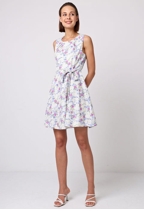 Angeleye Skater Mini Dress With Tie Belt In White Floral