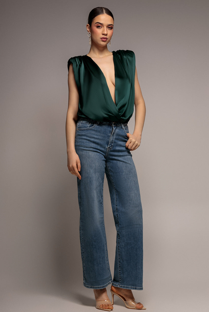 Satin Wrap Style Top With Shoulder Pad - Emerald Green T165