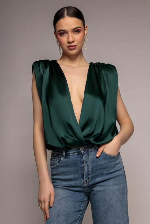 Satin Wrap Style Top With Shoulder Pad - Emerald Green by Goddiva