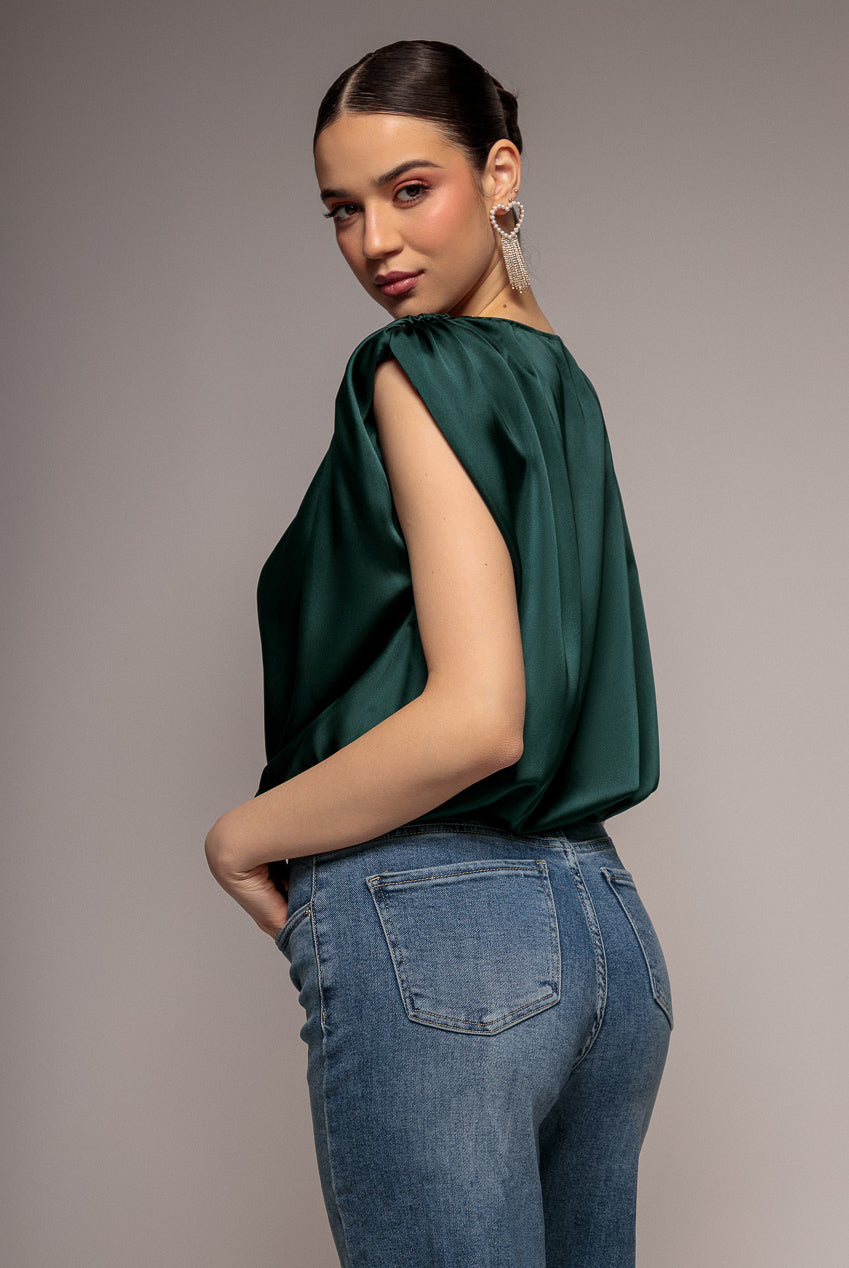 Satin Wrap Style Top With Shoulder Pad - Emerald Green T165