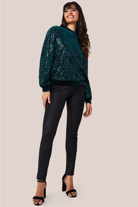 Goddiva Sequin Velvet Jumper - Emerald Green