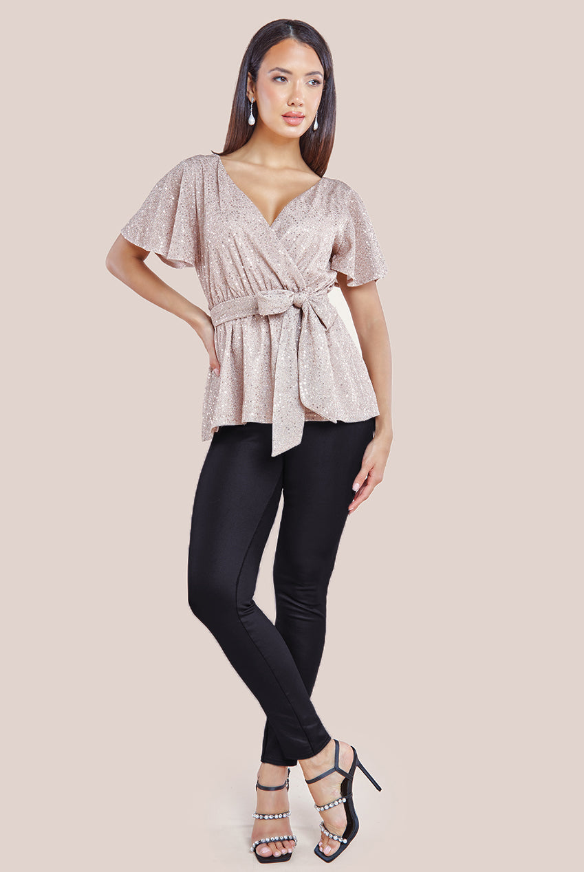 Lurex Flutter Sleeve Wrap Top - Champagne T204