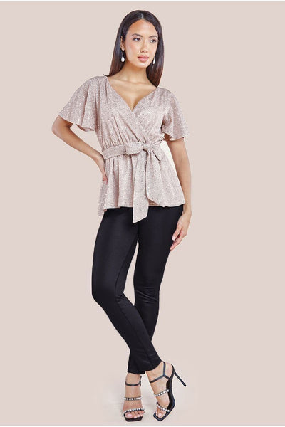 Champagne - Lurex Flutter Sleeve Wrap Top - Champagne by Goddiva