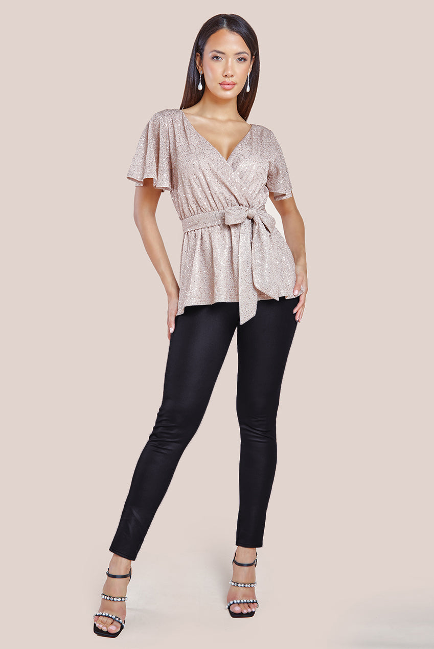 Lurex Flutter Sleeve Wrap Top - Champagne T204