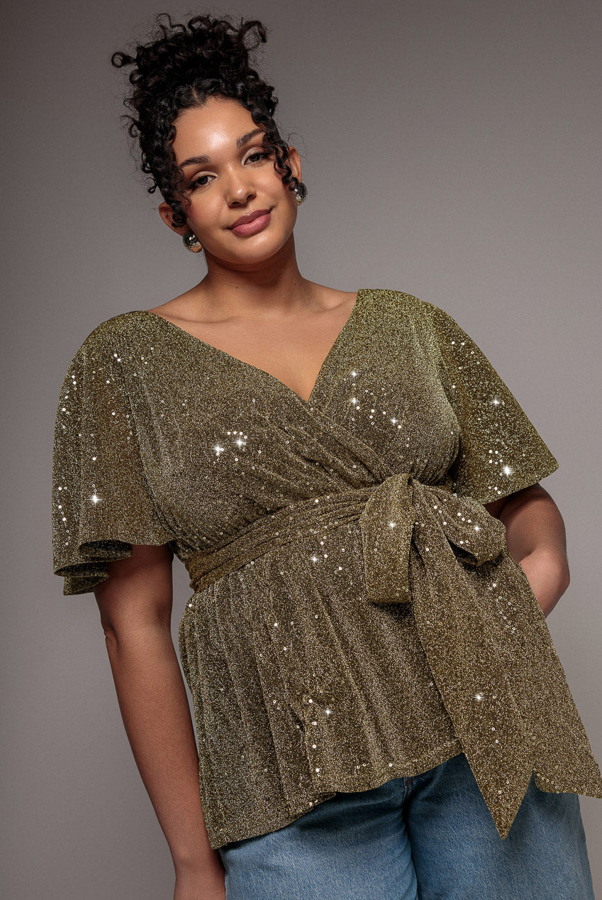 Lurex Flutter Sleeve Wrap Top - Gold T204P