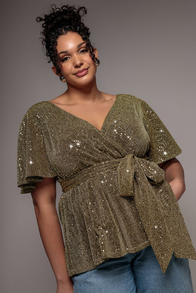 Gold - Lurex Flutter Sleeve Wrap Top - Gold by Goddiva Plus