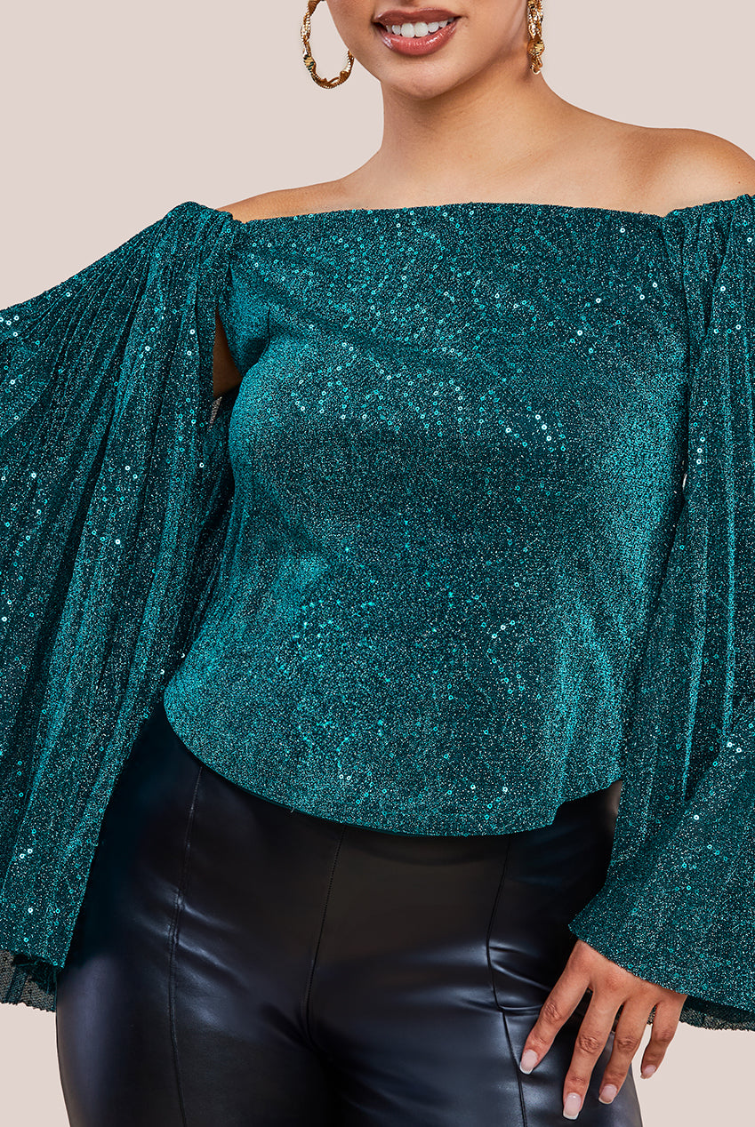 Sequin Lurex Bardot Pleated Sleeve Top - Teal Blue T205