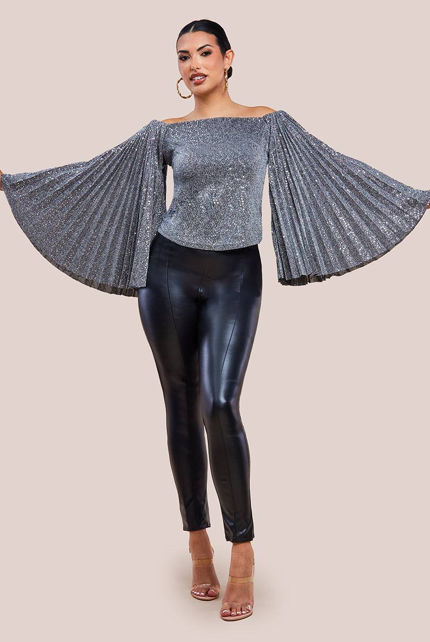 Sequin Lurex Bardot Pleated Sleeve Top - Silver T205