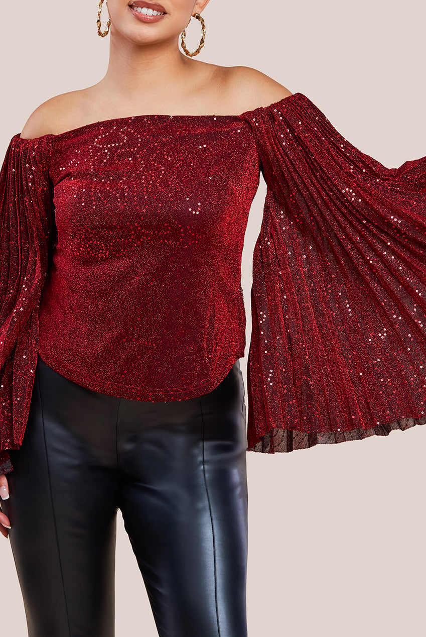 Sequin Lurex Bardot Pleated Sleeve Top - Wine T205