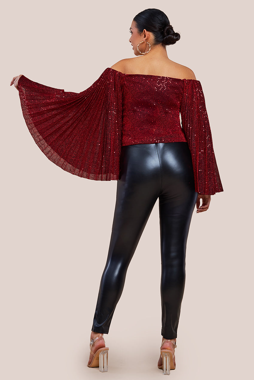 Sequin Lurex Bardot Pleated Sleeve Top - Wine T205