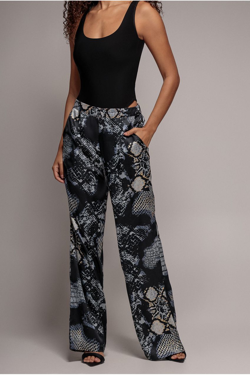 Foil Print Wide Leg Trousers - Black TR369