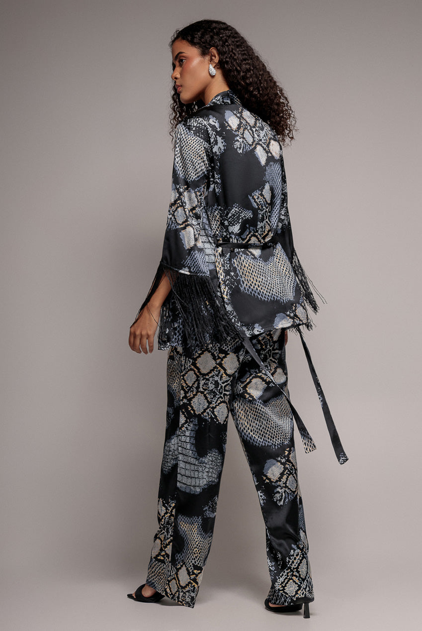 Foil Print Kimono With Tassels - Black T217