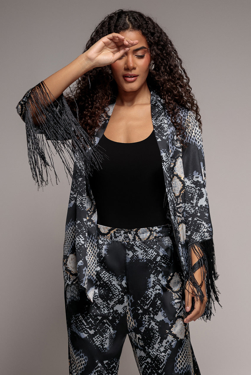 Foil Print Kimono With Tassels - Black T217