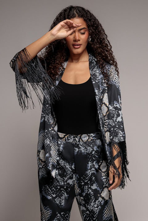 Foil Print Kimono With Tassels - Black by Goddiva