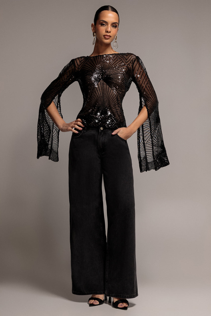 Sequin Starburst Cape Sleeve Top - Black T224