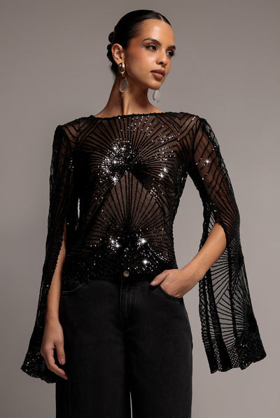 Black - Sequin Starburst Cape Sleeve Top - Black by Goddiva
