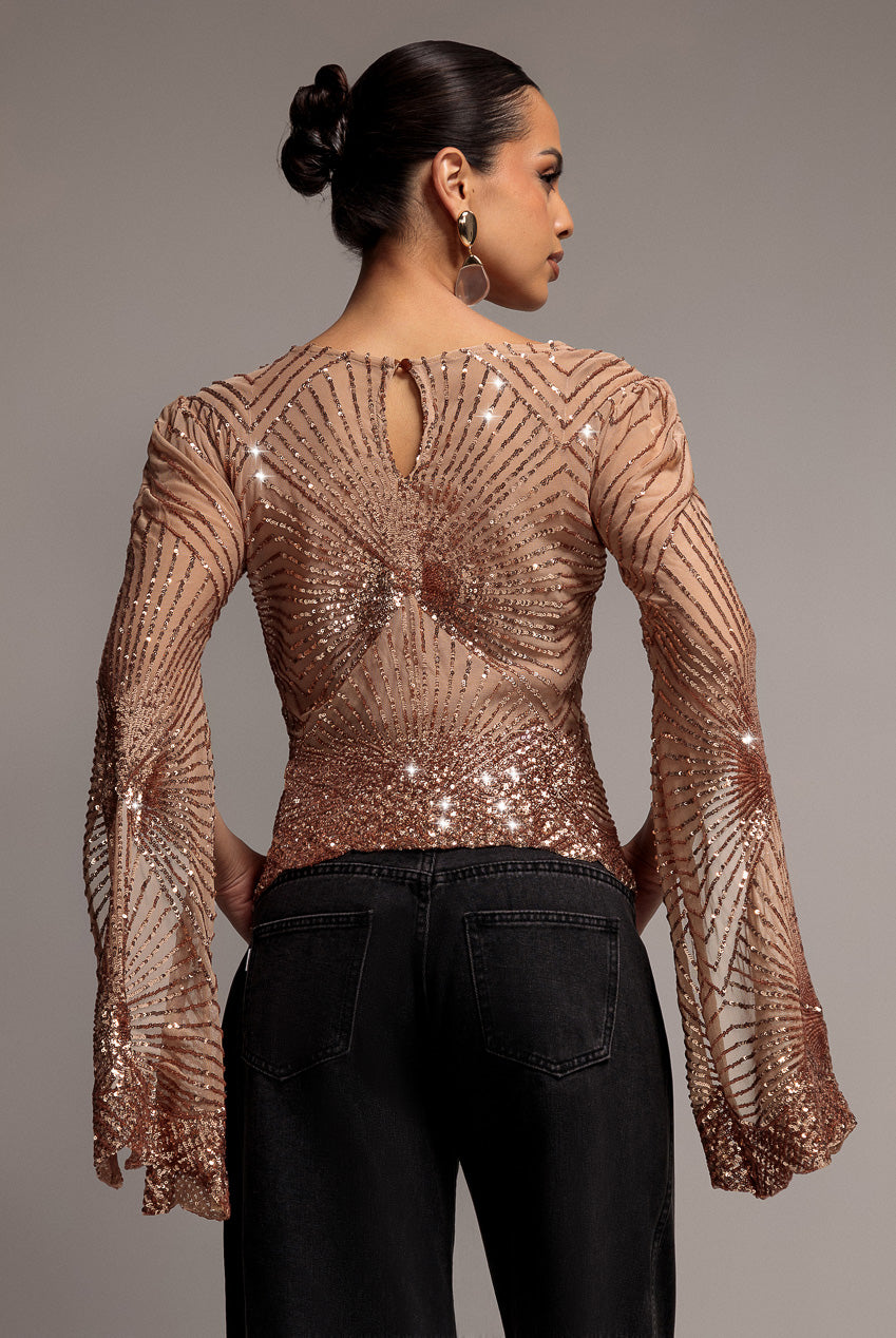 Sequin Starburst Cape Sleeve Top - Champagne T224