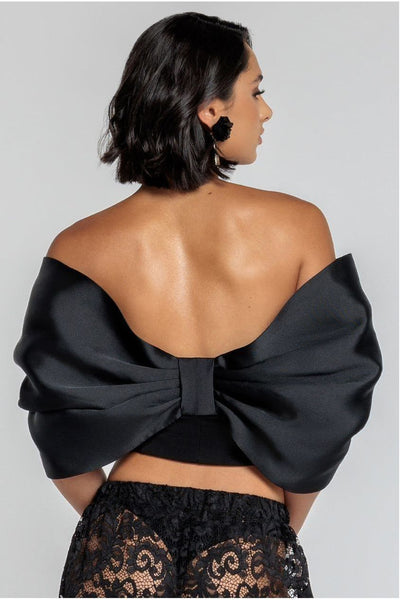 Black - Off Shoulder Back Satin Bow Scuba Corset - Black by Goddiva