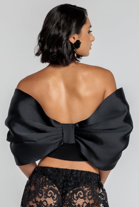 Off Shoulder Back Satin Bow Scuba Corset - Black by Goddiva