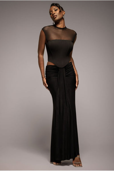 Black - Gathered Front Dipped Waist Maxi Skirt - Black by Goddiva