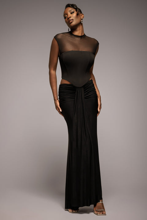 Gathered Front Dipped Waist Maxi Skirt - Black by Goddiva