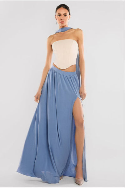 Airforce Blue - Side Split Soft Touch Maxi Skirt by Goddiva