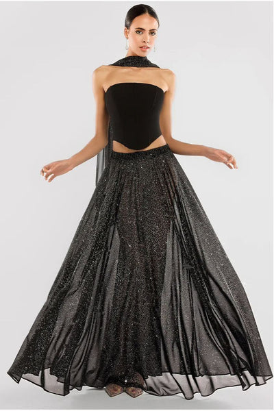 Black Glitter - Gathered A-Line Glitter Chiffon Maxi Skirt by Goddiva