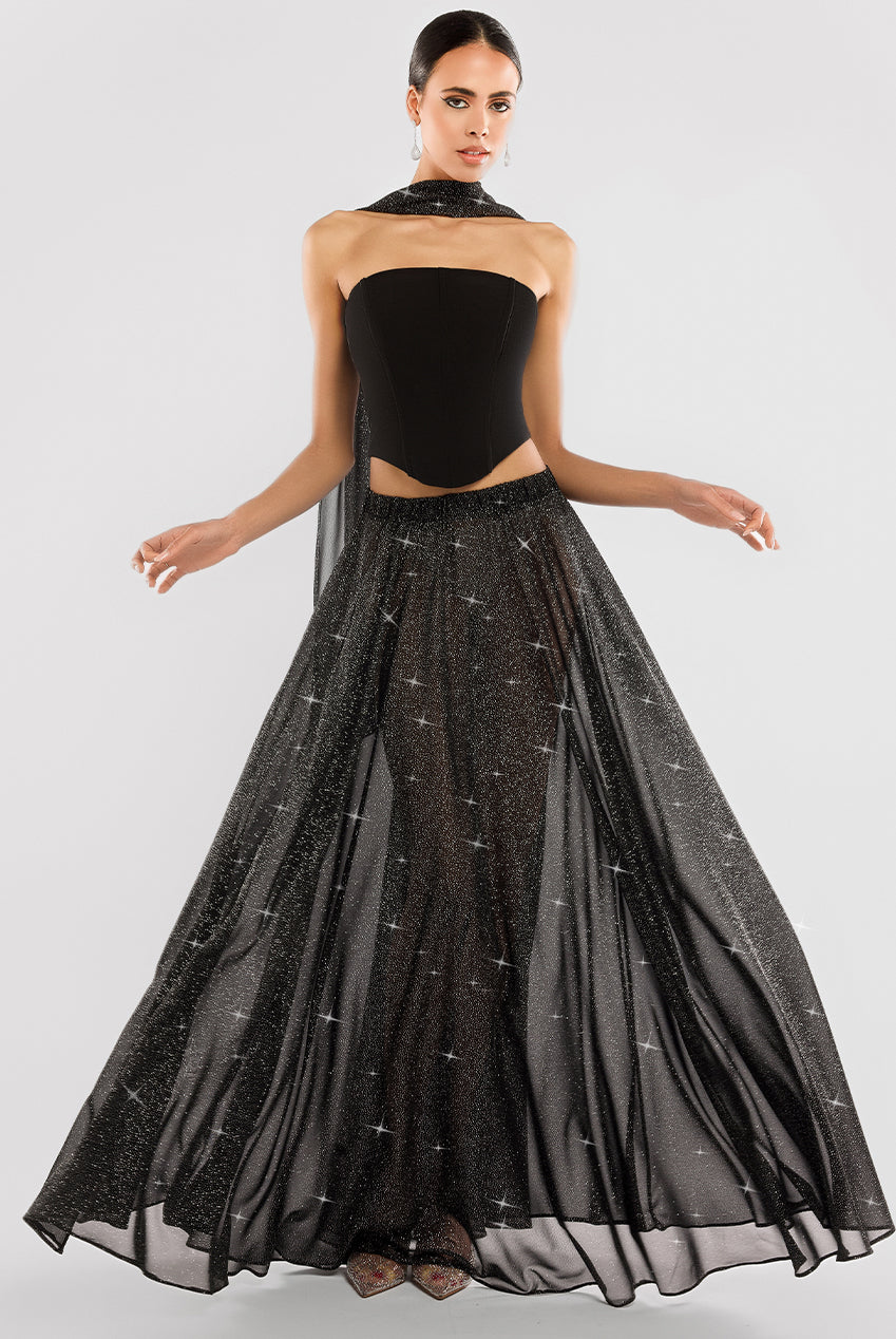 Gathered A-Line Glitter Chiffon Maxi Skirt SK30