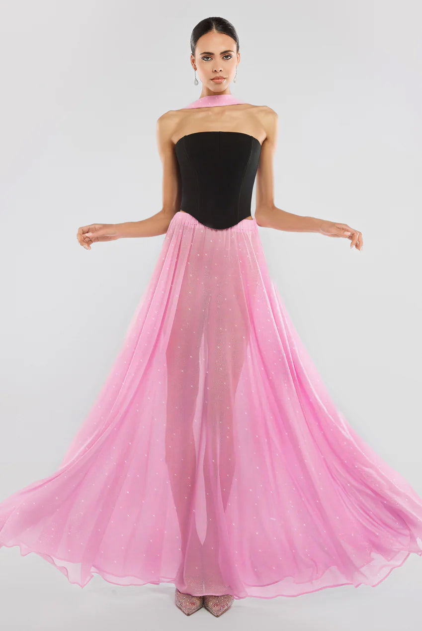 Gathered A-Line Glitter Chiffon Maxi Skirt SK30