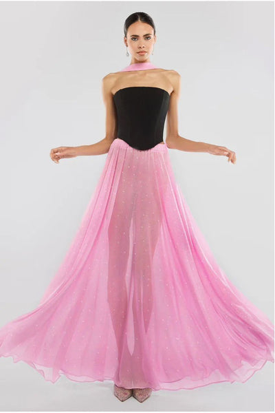 Pink - Gathered A-Line Glitter Chiffon Maxi Skirt by Goddiva