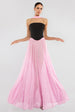 Goddiva Compact Crepe Lace Up Corset With Gathered A-Line Glitter Chiffon Maxi Skirt & Scarf - Black, Pink & Pink