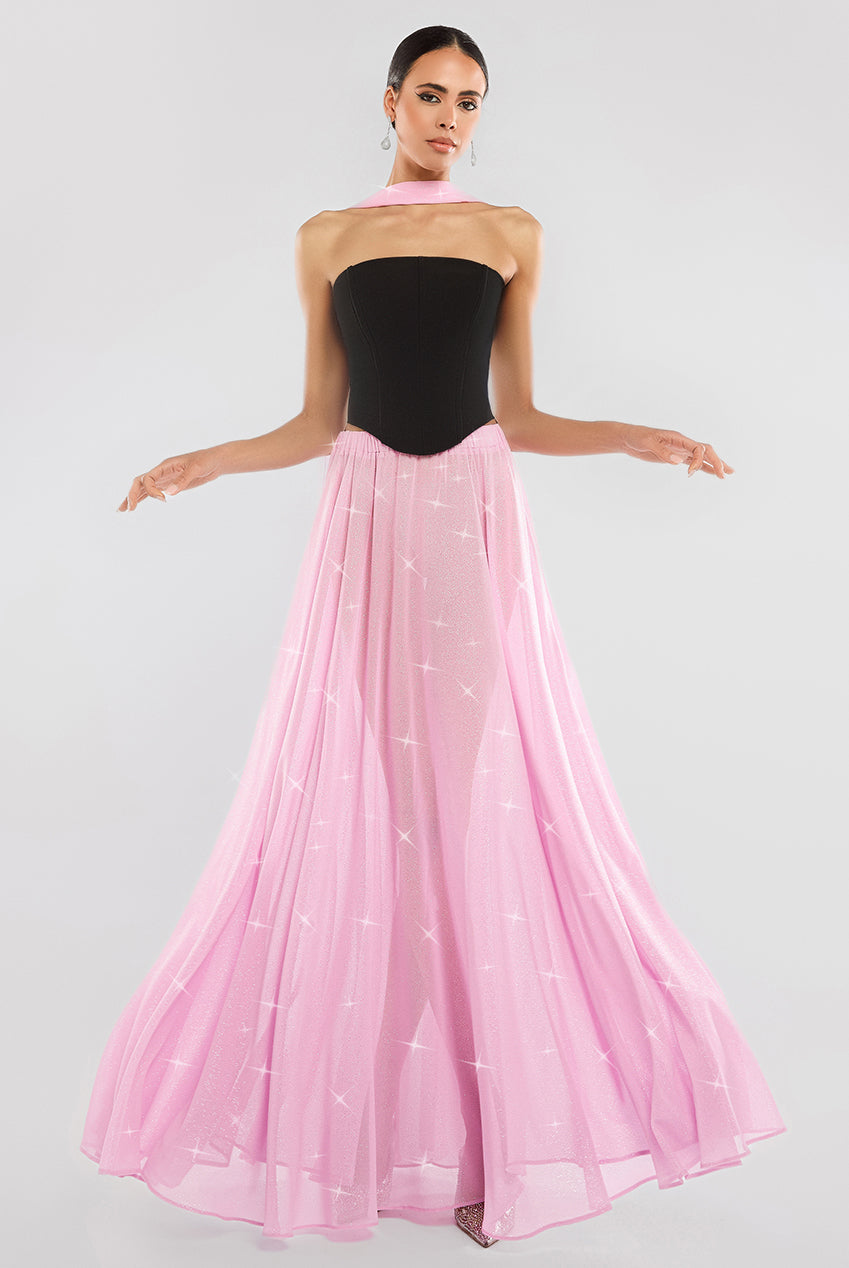 Gathered A-Line Glitter Chiffon Maxi Skirt SK30