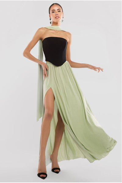 Sage Green - Side Split Soft Touch Maxi Skirt by Goddiva