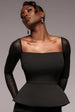 Plain Mesh Long Sleeve Scuba Crepe Peplum Top - Black by Goddiva