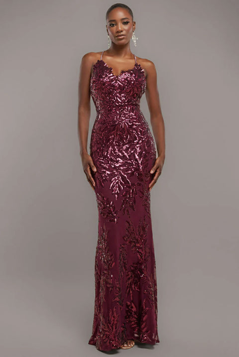 Cross Back Diamante Strap Sequin Maxi - Burgundy by Goddiva