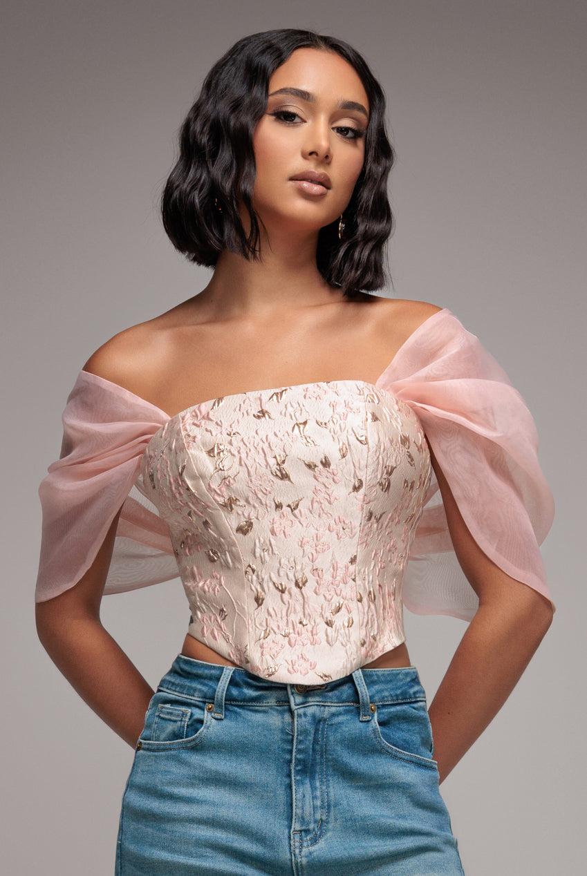 Off Shoulder Jacquard Top With Organza Wings - Blush Pink T231