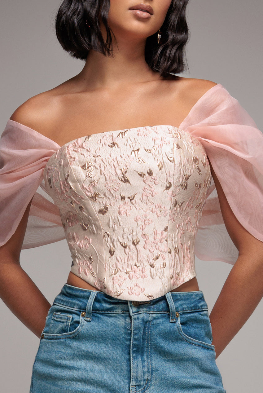 Off Shoulder Jacquard Top With Organza Wings - Blush Pink T231