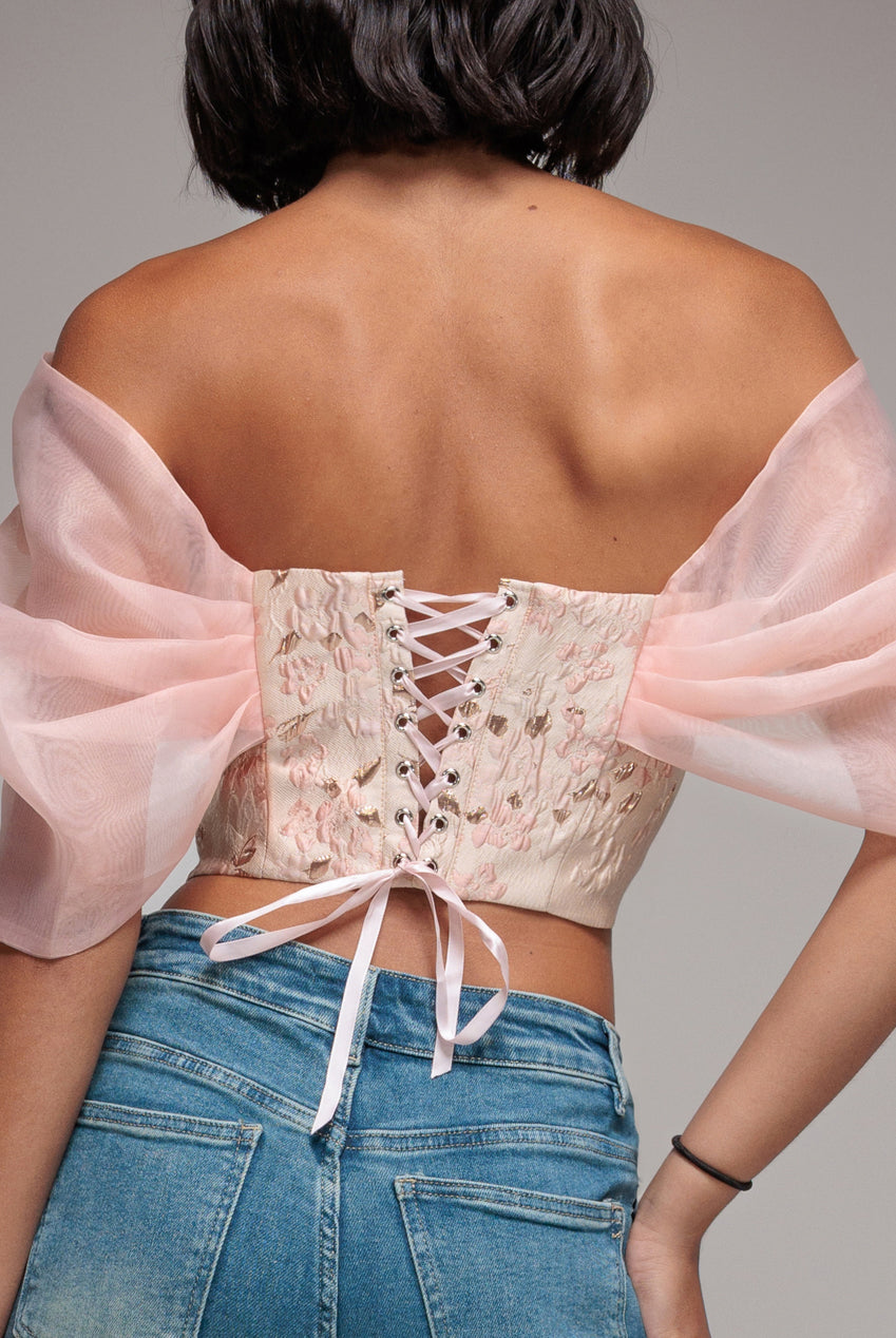 Off Shoulder Jacquard Top With Organza Wings - Blush Pink T231