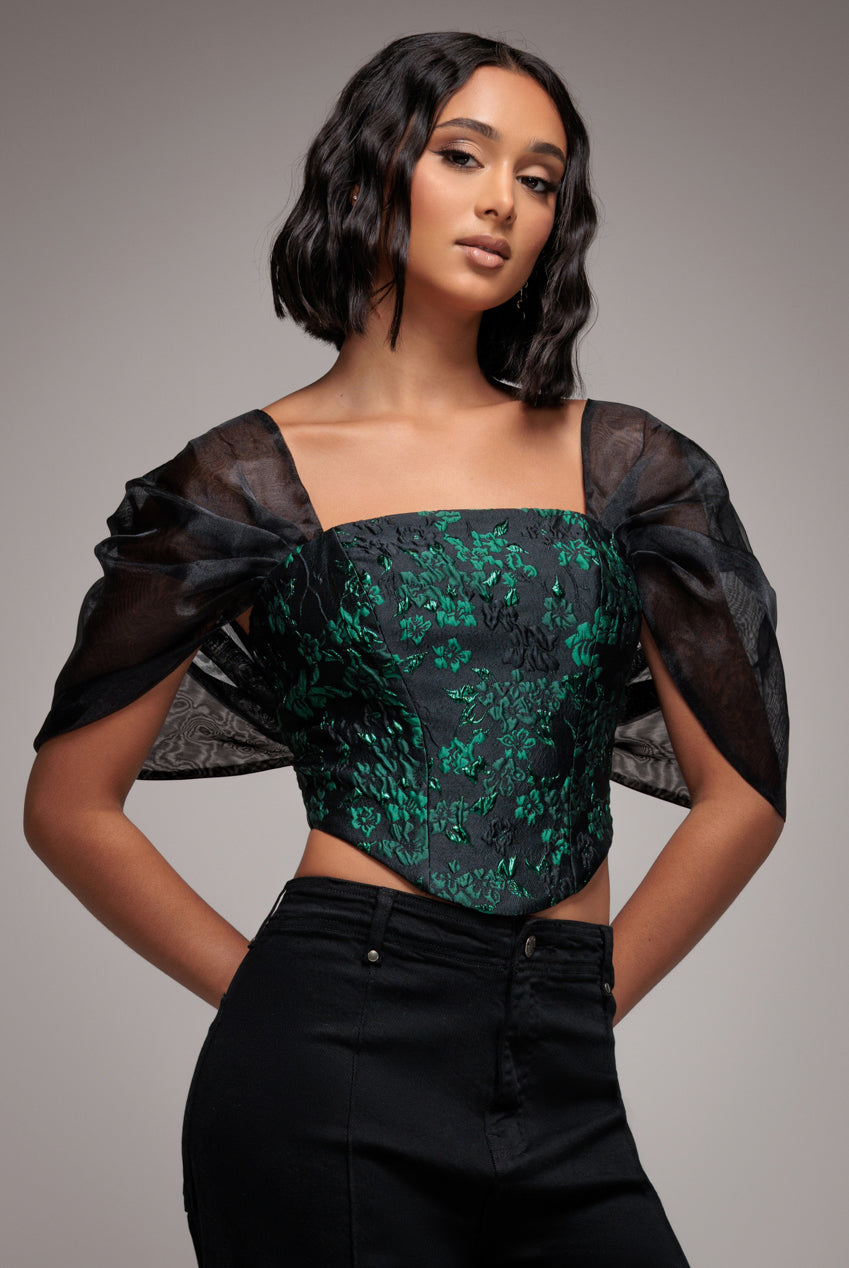Off Shoulder Jacquard Top With Organza Wings - Emerald Black T231