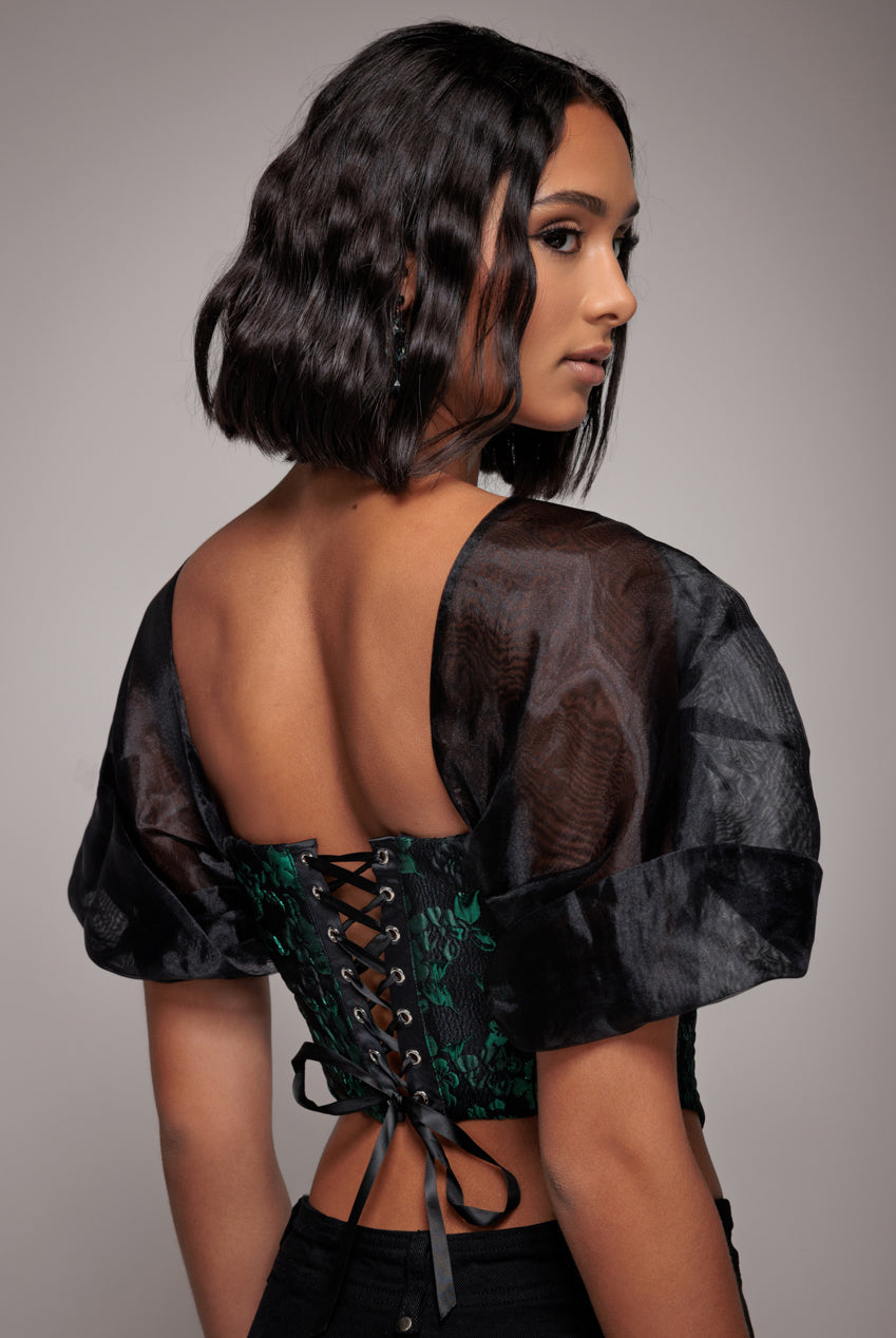 Off Shoulder Jacquard Top With Organza Wings - Emerald Black T231
