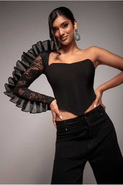 Black - One Shoulder Fan Pleat Frill Corset Top - Black by Goddiva