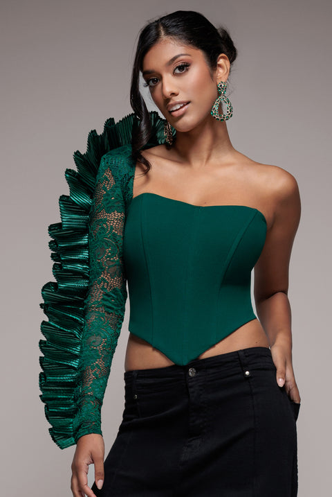 One Shoulder Fan Pleat Frill Corset Top - Emerald Green by Goddiva