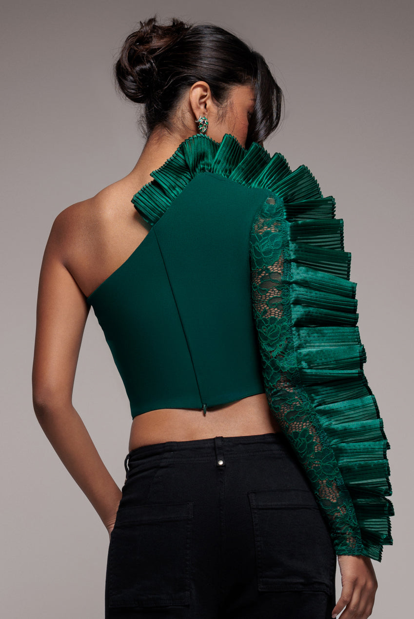 One Shoulder Fan Pleat Frill Corset Top - Emerald Green T232