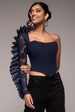 One Shoulder Fan Pleat Frill Corset Top - Navy Blue by Goddiva