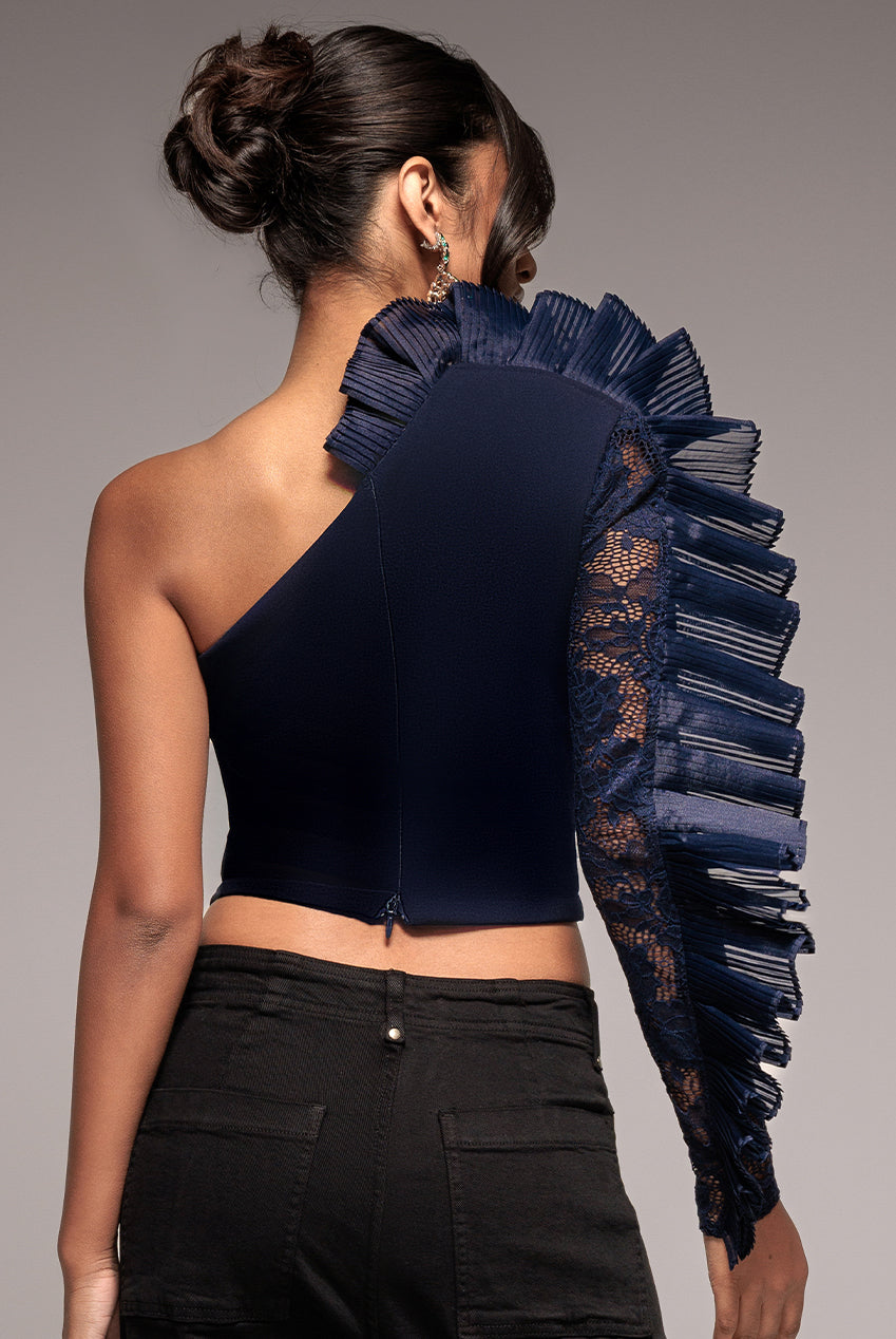 One Shoulder Fan Pleat Frill Corset Top - Navy Blue T232